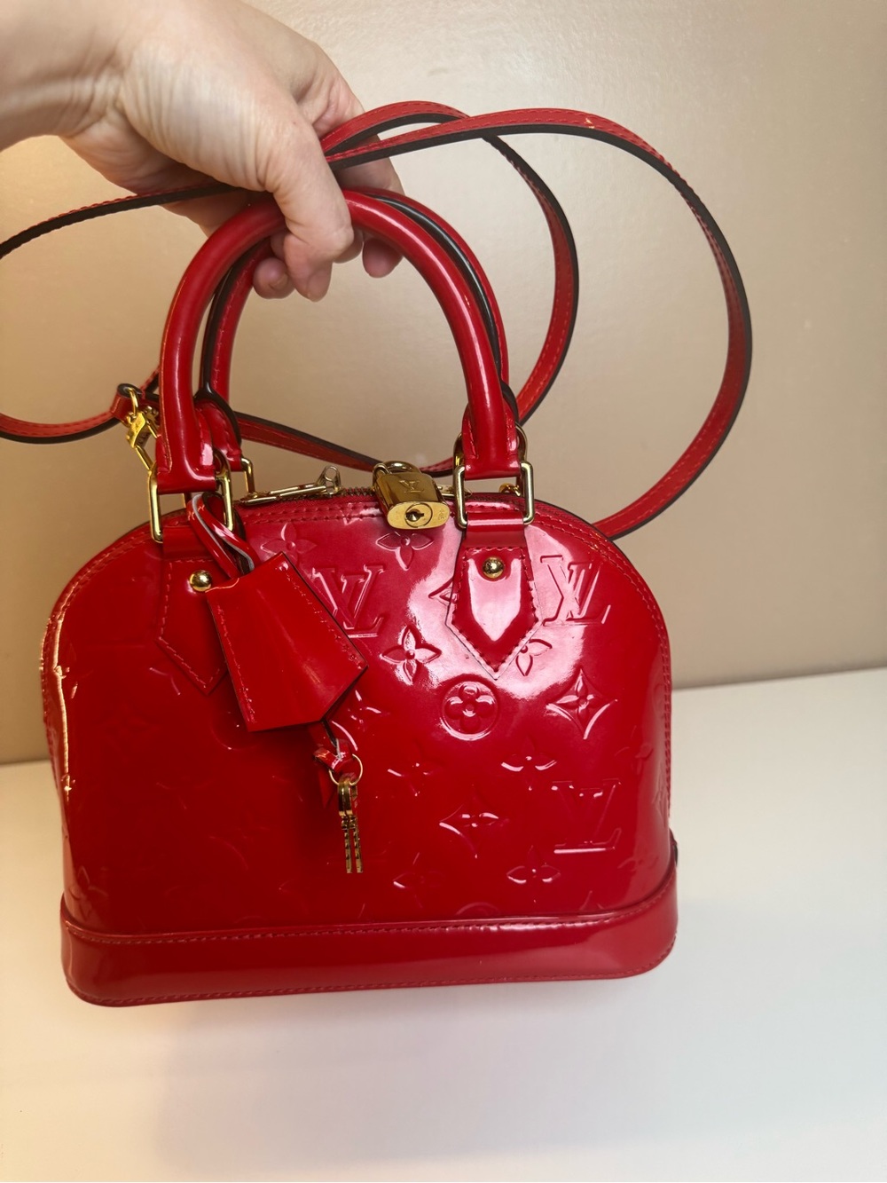 Louis Vuitton Red Patent Alma Satchel with Gold Hardware - Picture 10 of 10